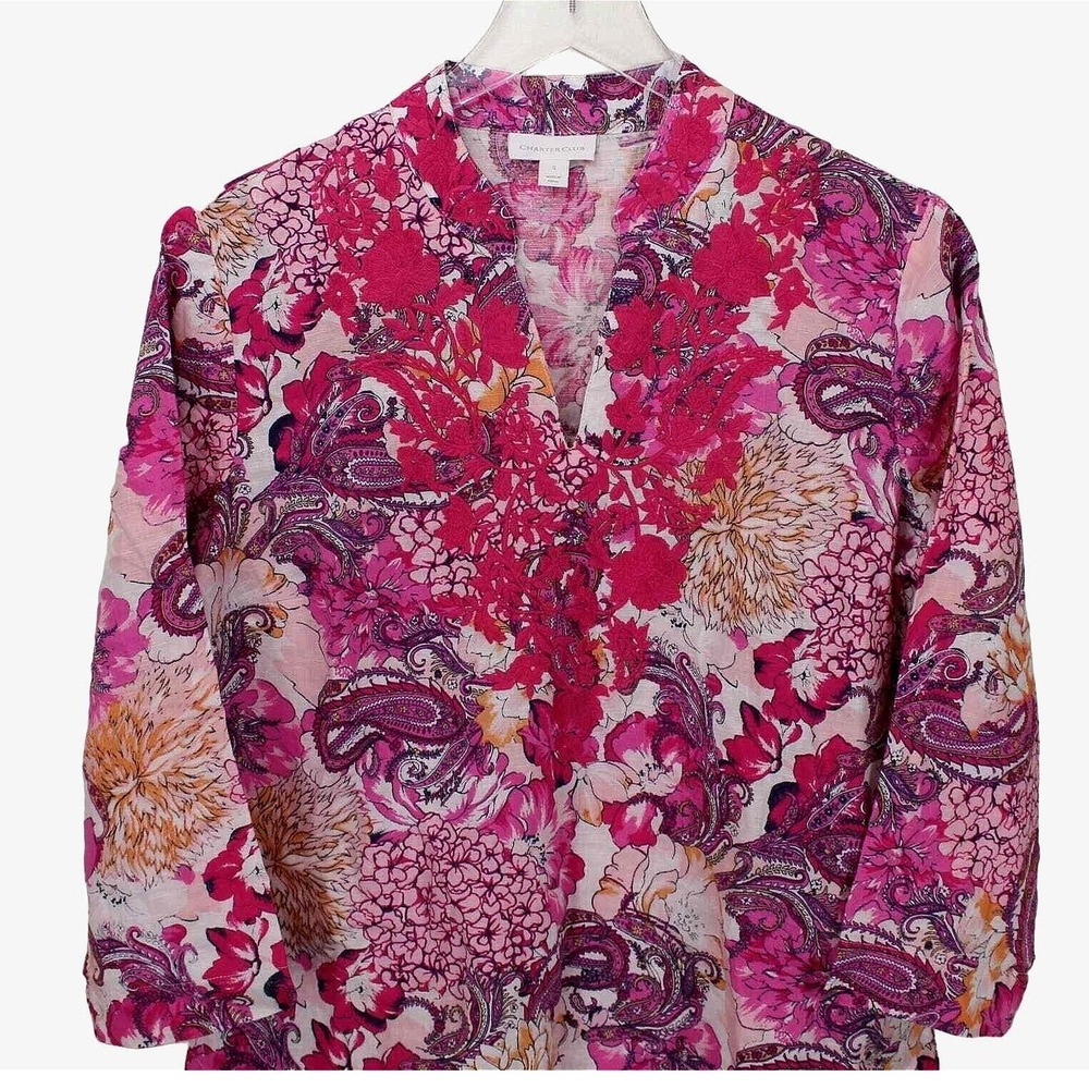 Charter Club Linen Tunic Top Embroidered Floral Paisley Coastal Pink Small